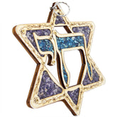 Wooden Star of David Wall Hanging – Chai / Hai Symbol with Gemstone Inlay 12cm/4.7"